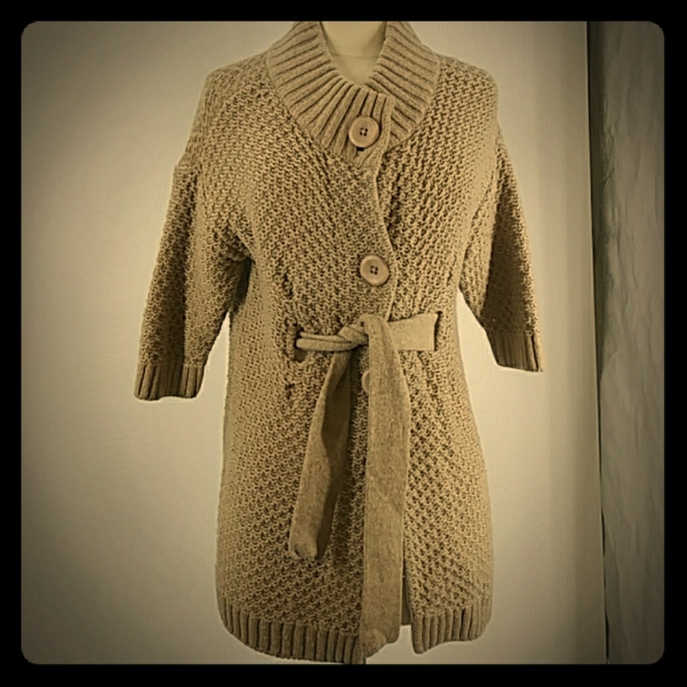Vince camel-color, 3/4 sleeve, belted cardigan-szS